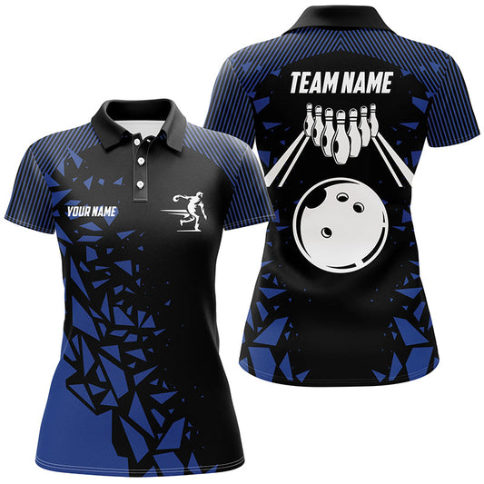 Black And Blue pattern Bowling Polo, 1/4 Quarter Zip Shirts For Women, Custom Name Bowling Team Jersey NQS7845