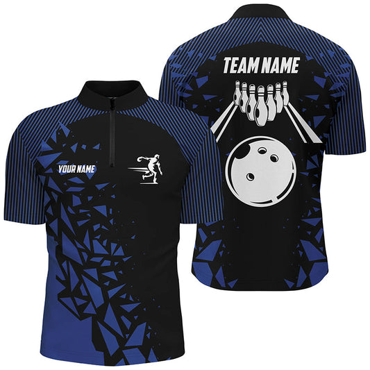 Black And Blue pattern Bowling Polo, 1/4 Quarter Zip Shirts For Men, Custom Name Bowling Team Jerseys NQS7845
