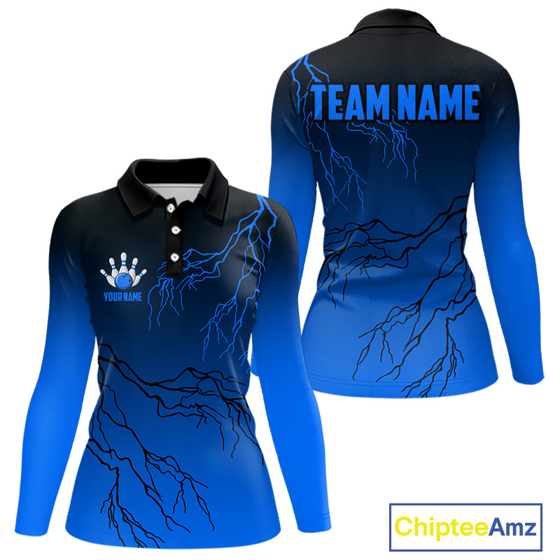 Black and Blue gradient Lightning thunder storm Bowling shirts for Women Custom Bowling Team Jerseys NQS10135