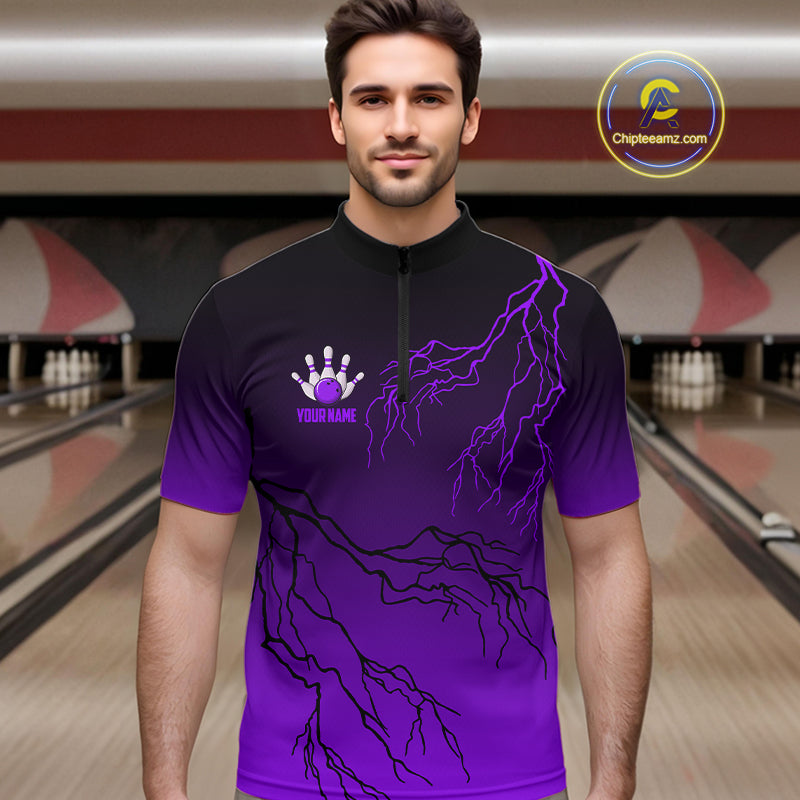Black and Purple gradient Lightning thunder storm Bowling shirts for Men Custom Bowling Team Jerseys NQS10136