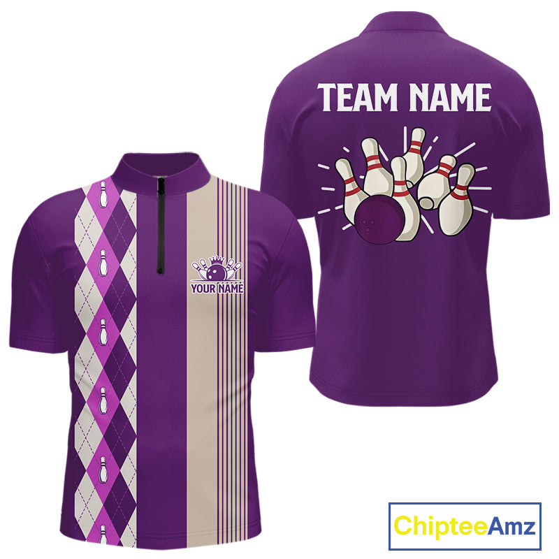 Retro Purple argyle pattern Bowling shirts For Men custom bowling team jerseys Bowler Outfits NQS10275