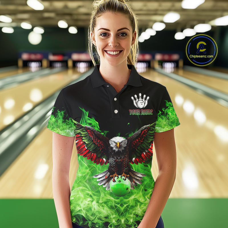 Green Flame Smoke American Flag Eagle Skull Women Bowling Shirts Custom Patriotic Bowling Team Jersey NQS10278