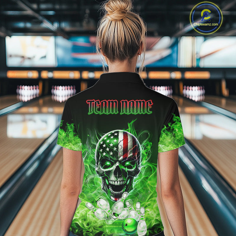 Green Flame Smoke American Flag Eagle Skull Women Bowling Shirts Custom Patriotic Bowling Team Jersey NQS10278