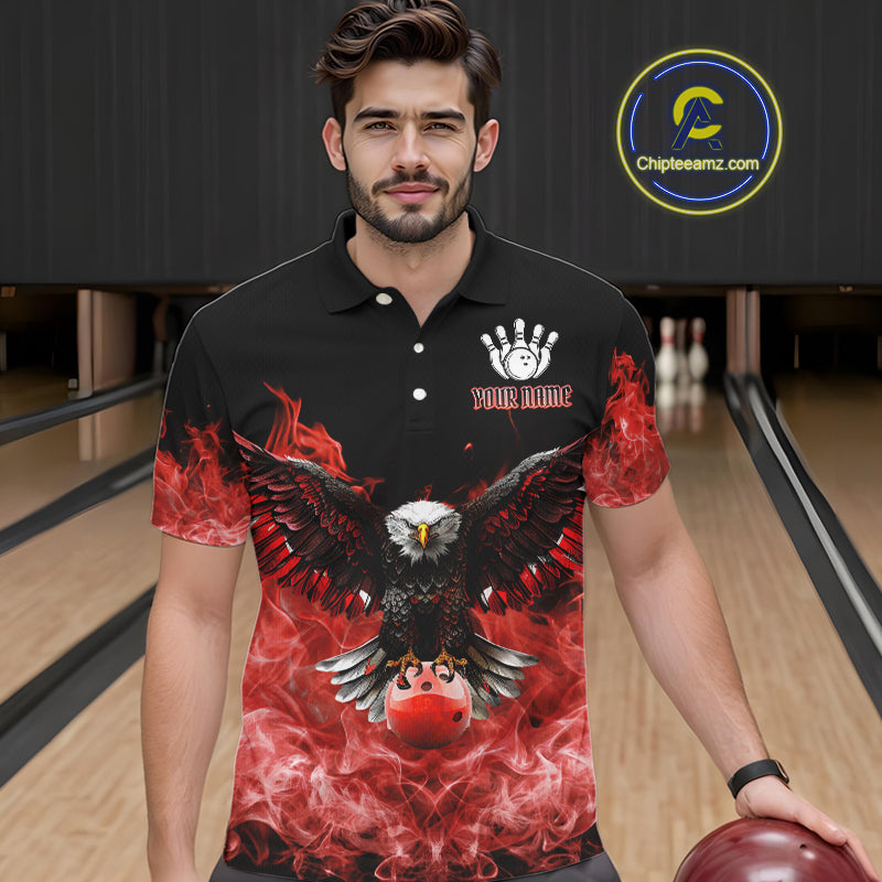 Red Flame Smoke American Flag Eagle Skull Mens Bowling Shirts Custom Patriotic Bowling Team Jersey NQS10279
