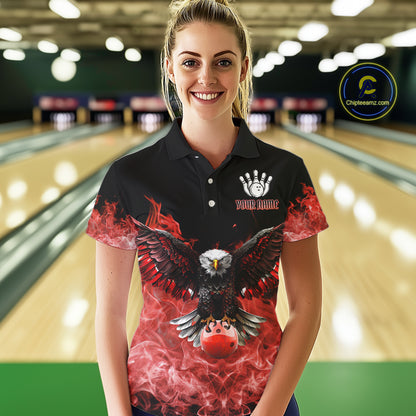 Red Flame Smoke American Flag Eagle Skull Women Bowling Shirts Custom Patriotic Bowling Team Jersey NQS10279