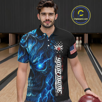 Custom Blue Lightning thunder Skull American Flag Patriotic Mens Bowling Shirts, Gift For Bowlers NQS10463
