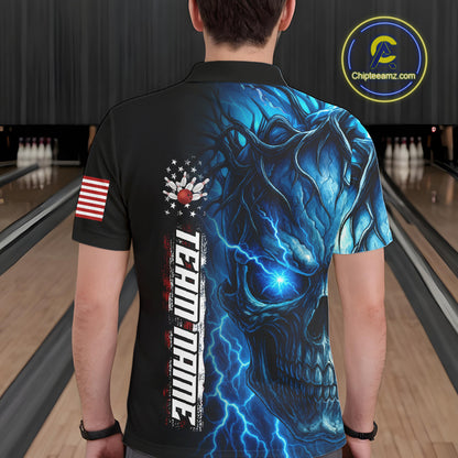 Custom Blue Lightning thunder Skull American Flag Patriotic Mens Bowling Shirts, Gift For Bowlers NQS10463