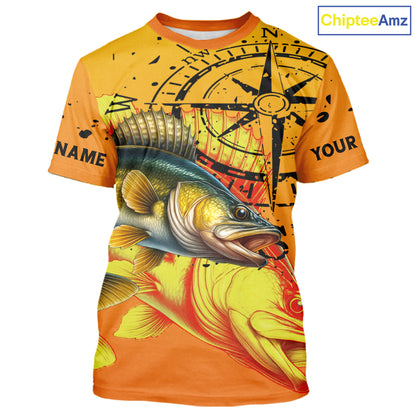 Custom Walleye Compass Long Sleeve Fishing Shirts, Personalized Walleye Fishing Jersey | Orange NQS10468