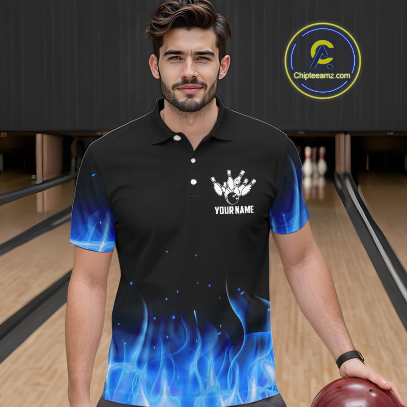 Personalized Mens Bowling Shirt Blue flame Bowling Ball and Pins Team bowling jerseys for men Bowler NQS10471