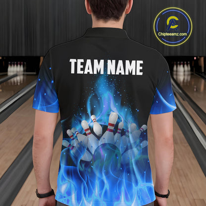 Personalized Mens Bowling Shirt Blue flame Bowling Ball and Pins Team bowling jerseys for men Bowler NQS10471