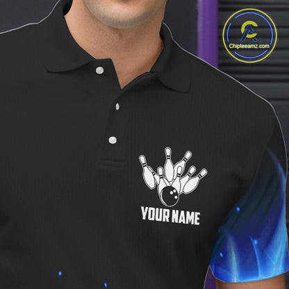 Personalized Mens Bowling Shirt Blue flame Bowling Ball and Pins Team bowling jerseys for men Bowler NQS10471