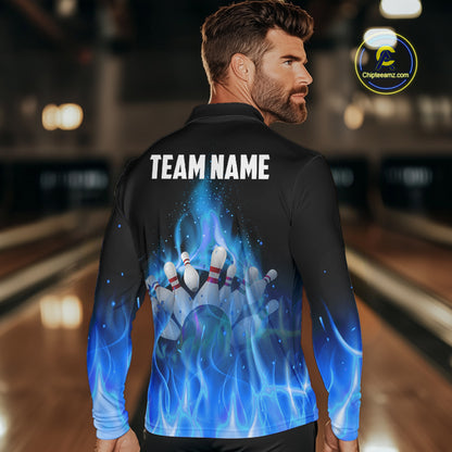 Personalized Mens Bowling Shirt Blue flame Bowling Ball and Pins Team bowling jerseys for men Bowler NQS10471