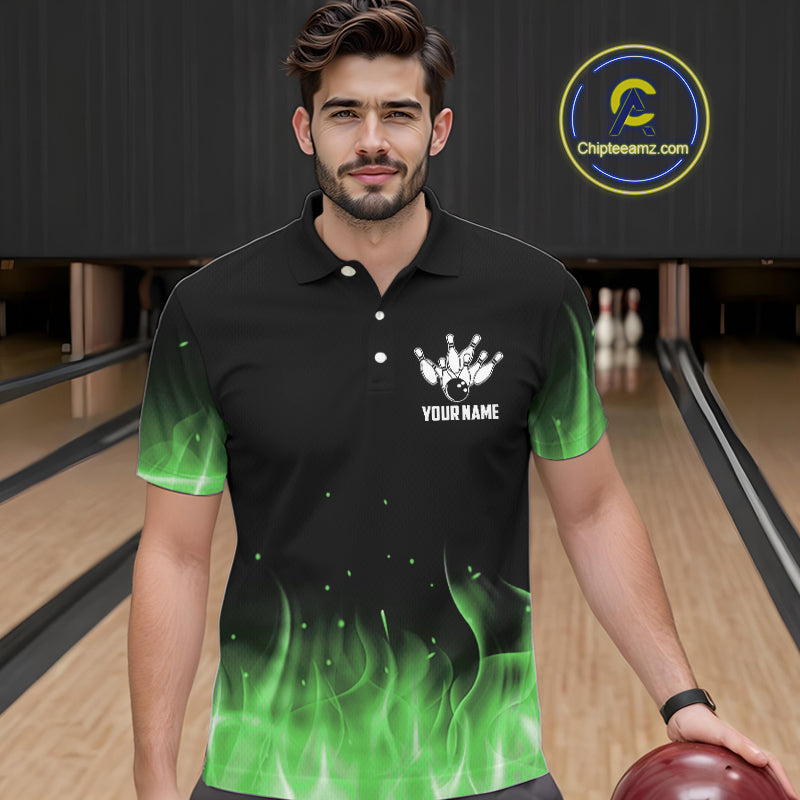 Personalized Mens Bowling Shirt Green flame Bowling Ball and Pins Team bowling jerseys for men Bowler NQS10472