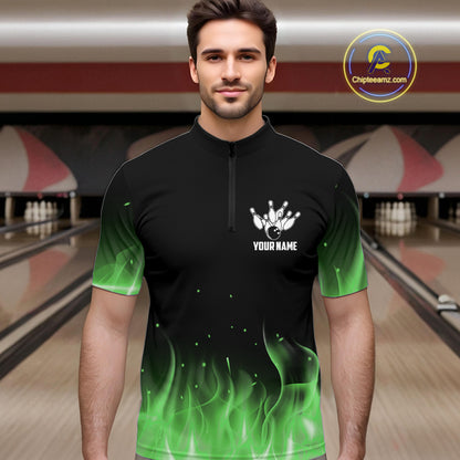 Personalized Mens Bowling Shirt Green flame Bowling Ball and Pins Team bowling jerseys for men Bowler NQS10472