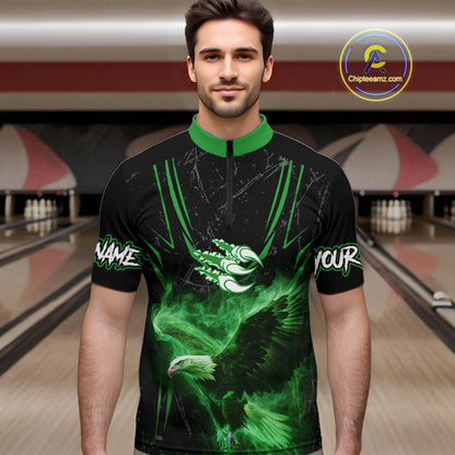 Black and Green Flame Eagle Bowling Shirt For Men Custom Team Name Bowling Jerseys For Bowlers NQS10675