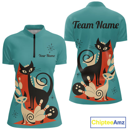 Custom retro bowling shirts Cats Bowling jersey for Women Team Bowling Polo, 1/4 Zip Shirts | Blue NQS11072