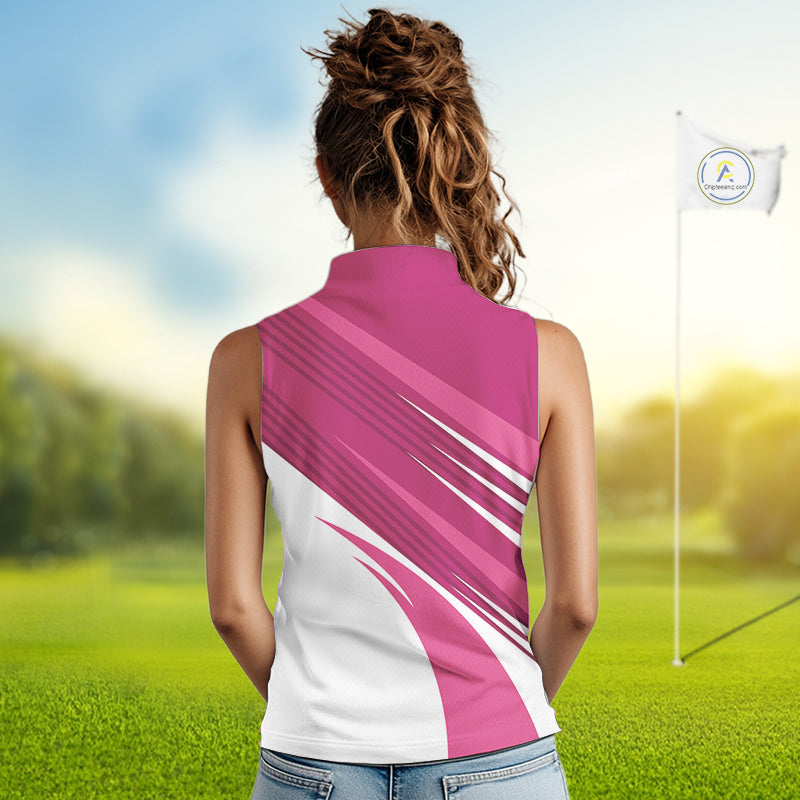 Pink and white Sleeveless Golf Polo Shirt custom golf tops for ladies, personalized golf gifts NQS11273