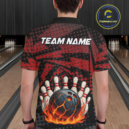 Black and Red pattern Flame Bowling Polo, 1/4 zip shirts For Men Custom Team Bowling Jerseys NQS11277