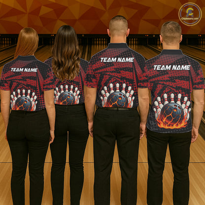 Black and Red pattern Flame Bowling Polo, 1/4 zip shirts For Men Custom Team Bowling Jerseys NQS11277