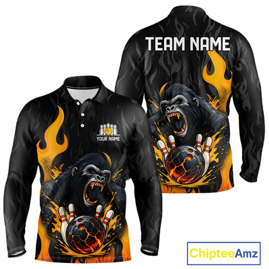 Black and Orange Flame Gorilla Bowling shirts For Men Custom Gorilla Team Bowling Jerseys NQS11279