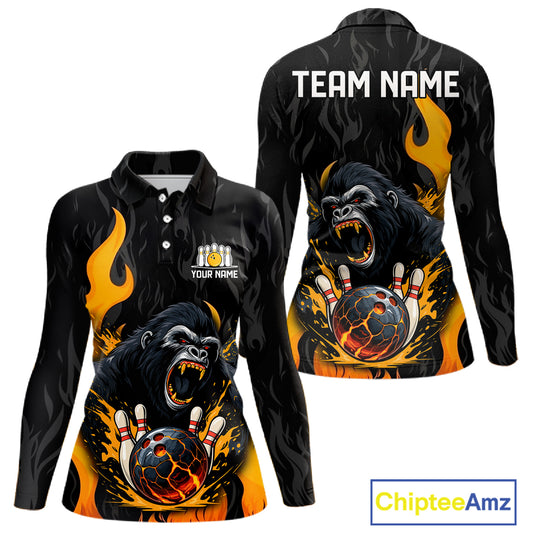 Black and Orange Flame Gorilla Bowling shirts For Women Custom Gorilla Team Bowling Jerseys NQS11279