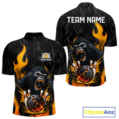 Black and Orange Flame Gorilla Bowling shirts For Men Custom Gorilla Team Bowling Jerseys NQS11279