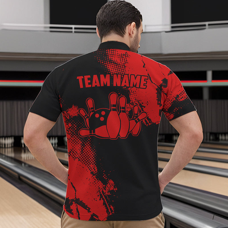 Black and Red Retro Mens Bowling Polo, Quarter Zip shirts Custom team bowling jerseys mens outfit NQS9394