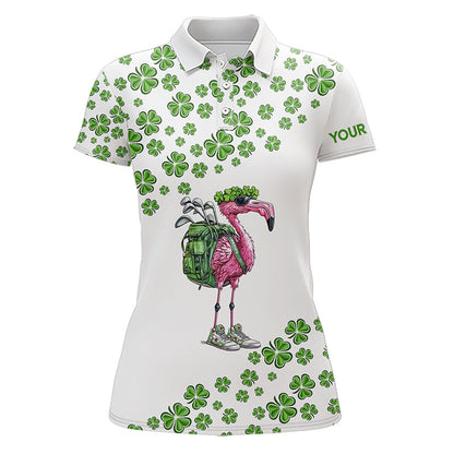 Funny Flamingo Green clover pattern White golf polo shirt for Women Custom St Patrick Day golf apparel NQS9399