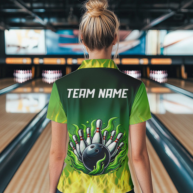 Personalized Yellow Green Flame Bowling Polo, Quarter Zip Shirts For Women Custom Team Bowling Jersey NQS9559
