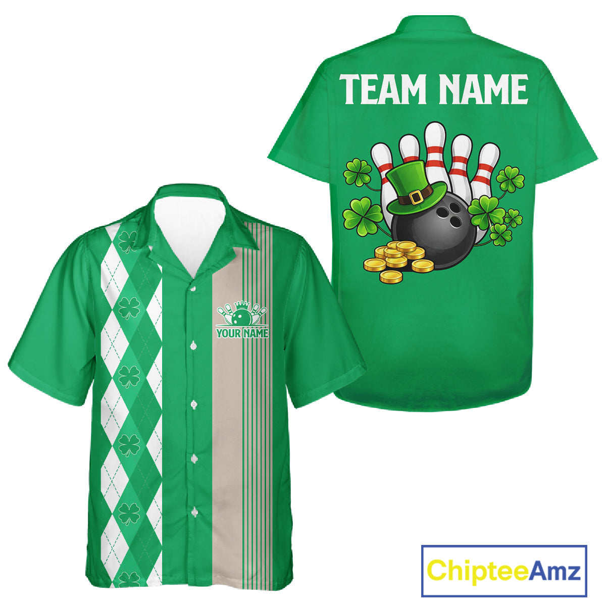 Retro Green argyle pattern shamrock Bowling Hawaiian shirts custom St Patrick's bowling team jersey NQS11667