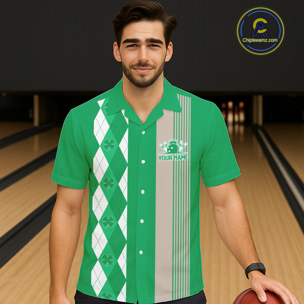Retro Green argyle pattern shamrock Bowling Hawaiian shirts custom St Patrick's bowling team jersey NQS11667