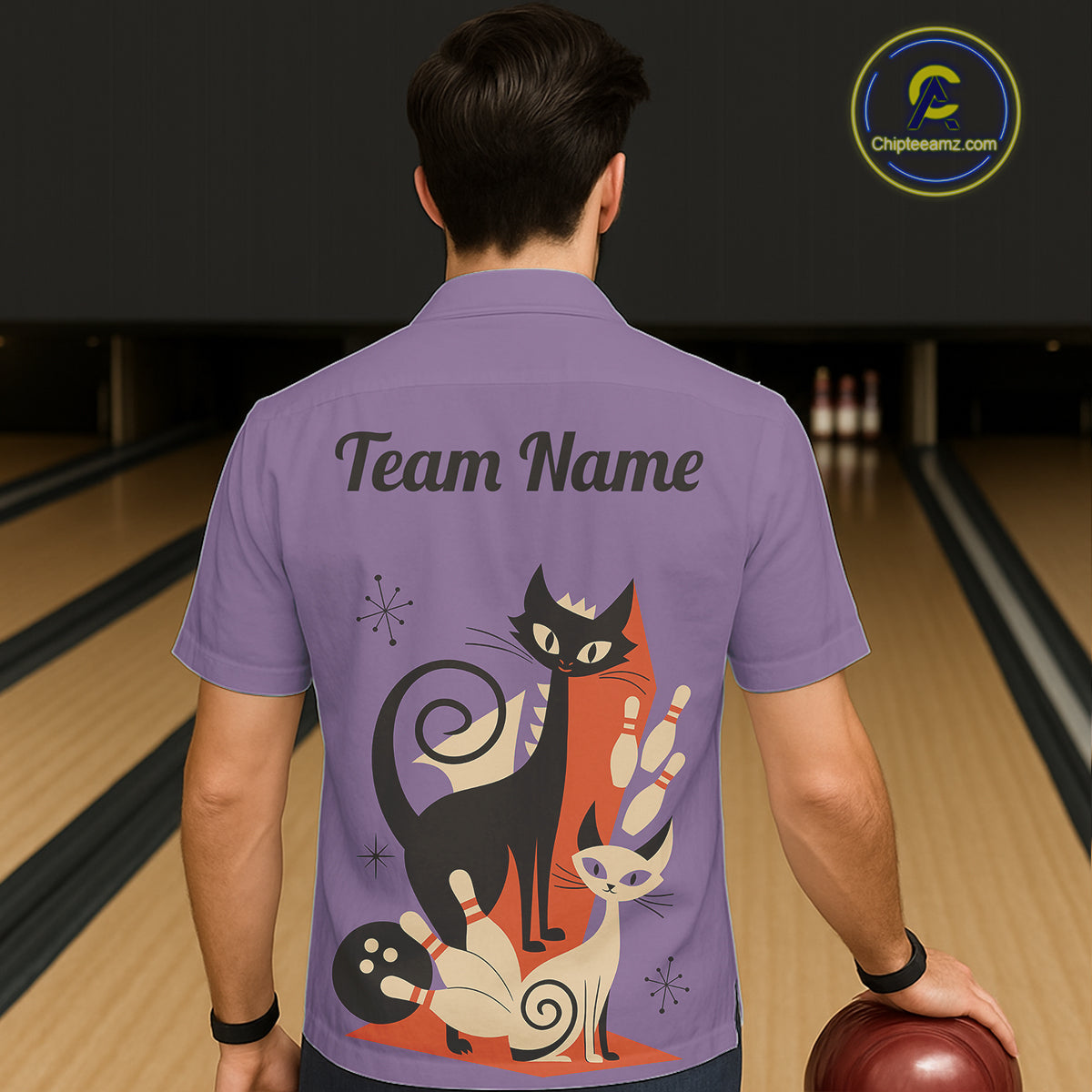 Custom retro bowling Hawaiian shirts Cat Bowling jersey Team Bowling button up Shirt | Purple NQS11668