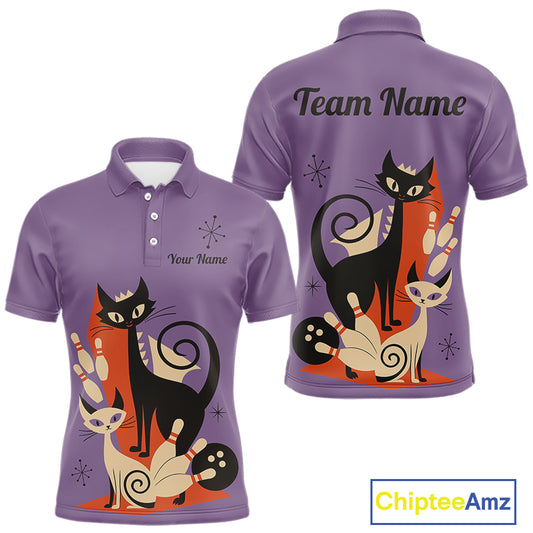 Custom retro bowling shirts Cat Bowling jersey for men Team Bowling Polo, 1/4 Zip Shirts | Purple NQS11668