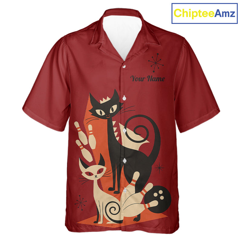 Custom retro bowling Hawaiian shirts Cat Bowling jersey Team Bowling button up Shirt  | Red NQS11669