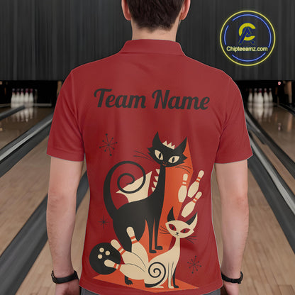Custom retro bowling shirts Cat Bowling jersey for men Team Bowling Polo, 1/4 Zip Shirts | Red NQS11669