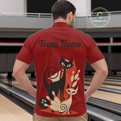 Custom retro bowling shirts Cat Bowling jersey for men Team Bowling Polo, 1/4 Zip Shirts | Red NQS11669