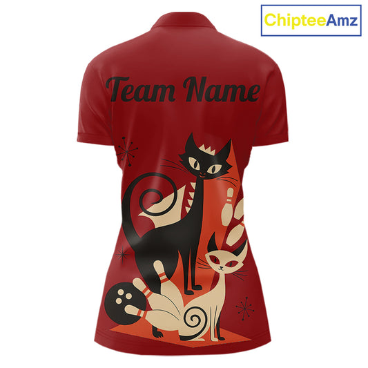 Custom retro bowling shirts Cats Bowling jersey for Women Team Bowling Polo, 1/4 Zip Shirts | Red NQS11669