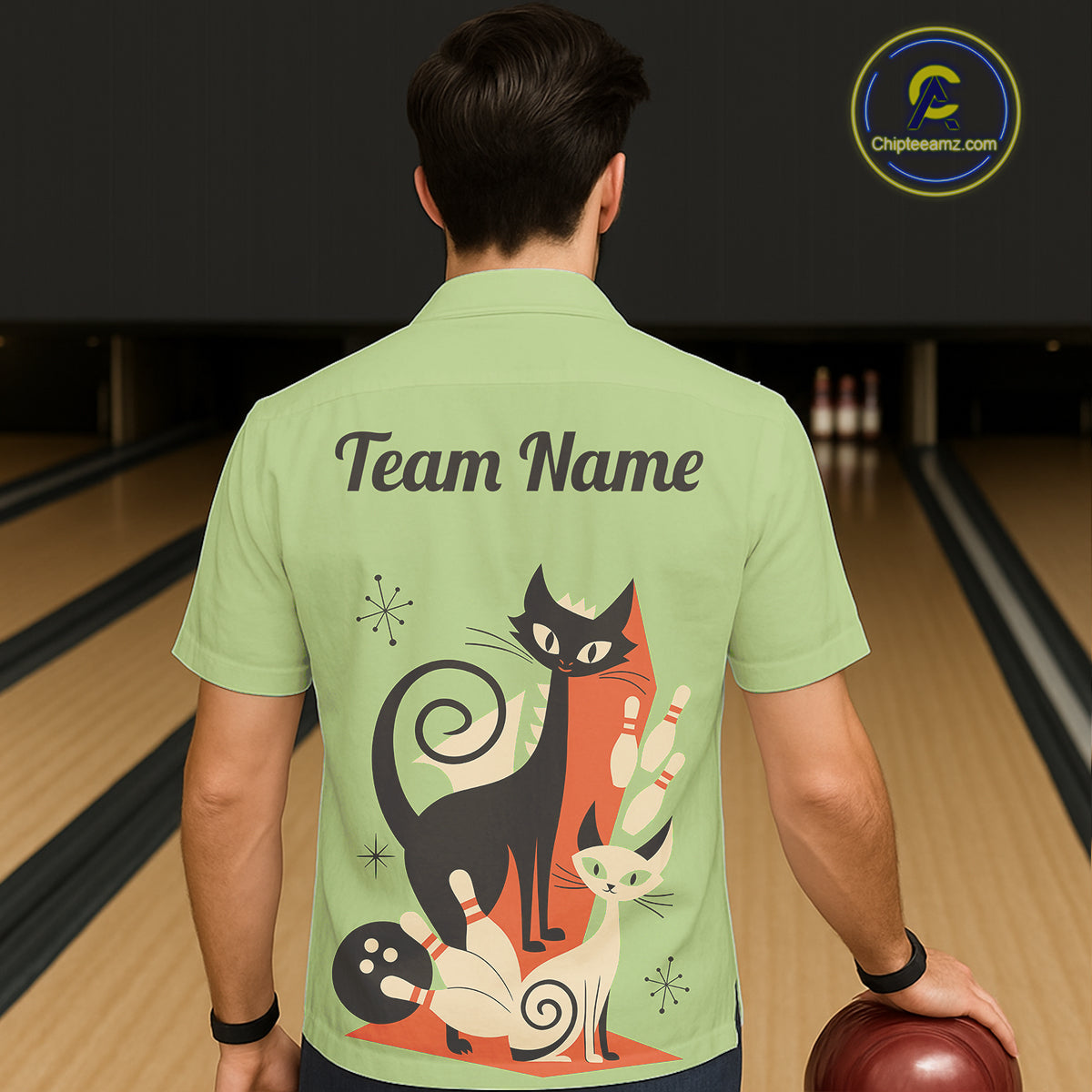 Custom retro bowling Hawaiian shirts Cat Bowling jersey Team Bowling button up Shirt | Green NQS11670