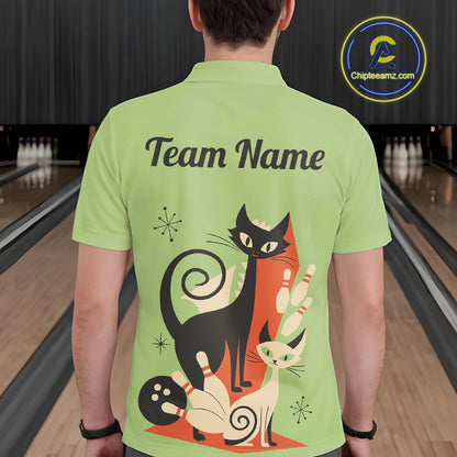 Custom retro bowling shirts Cat Bowling jersey for men Team Bowling Polo, 1/4 Zip Shirts | Green NQS11670