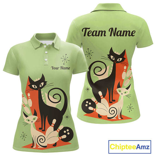Custom retro bowling shirts Cats Bowling jersey for Women Team Bowling Polo, 1/4 Zip Shirts | Green NQS11670