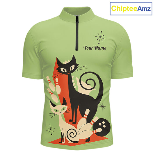Custom retro bowling shirts Cat Bowling jersey for men Team Bowling Polo, 1/4 Zip Shirts | Green NQS11670
