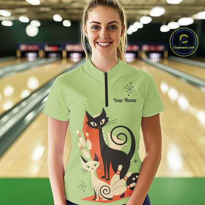 Custom retro bowling shirts Cats Bowling jersey for Women Team Bowling Polo, 1/4 Zip Shirts | Green NQS11670