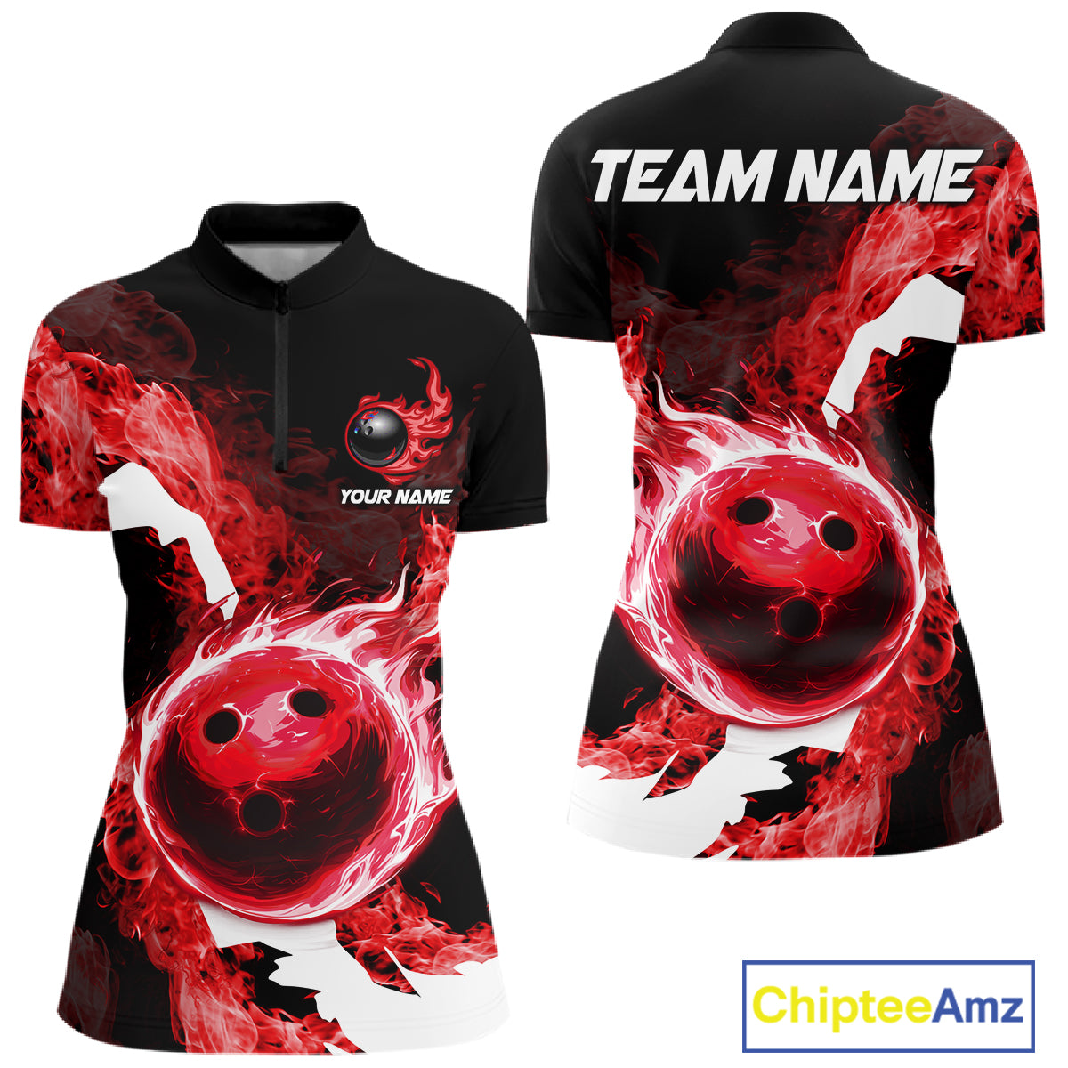 Red Flame Fire Bowling Shirts for Women Custom Bowling Team Jersey Bowling Polo & Quarter-Zip Shirts NQS11751