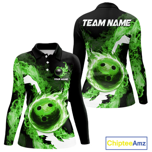 Green Flame Fire Bowling Shirts for Women Custom Bowling Team Jersey Bowling Polo & Quarter-Zip Shirts NQS11752