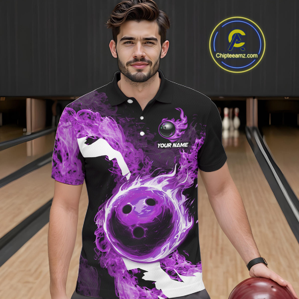 Purple Flame Fire Bowling Shirts for Men Custom Bowling Team Jersey Bowling Polo & Quarter-Zip Shirts NQS11753