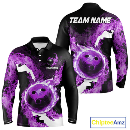 Purple Flame Fire Bowling Shirts for Men Custom Bowling Team Jersey Bowling Polo & Quarter-Zip Shirts NQS11753