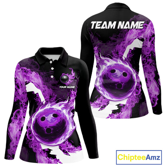 Purple Flame Fire Bowling Shirts for Women Custom Bowling Team Jersey Bowling Polo & 1/4-Zip Shirts NQS11753