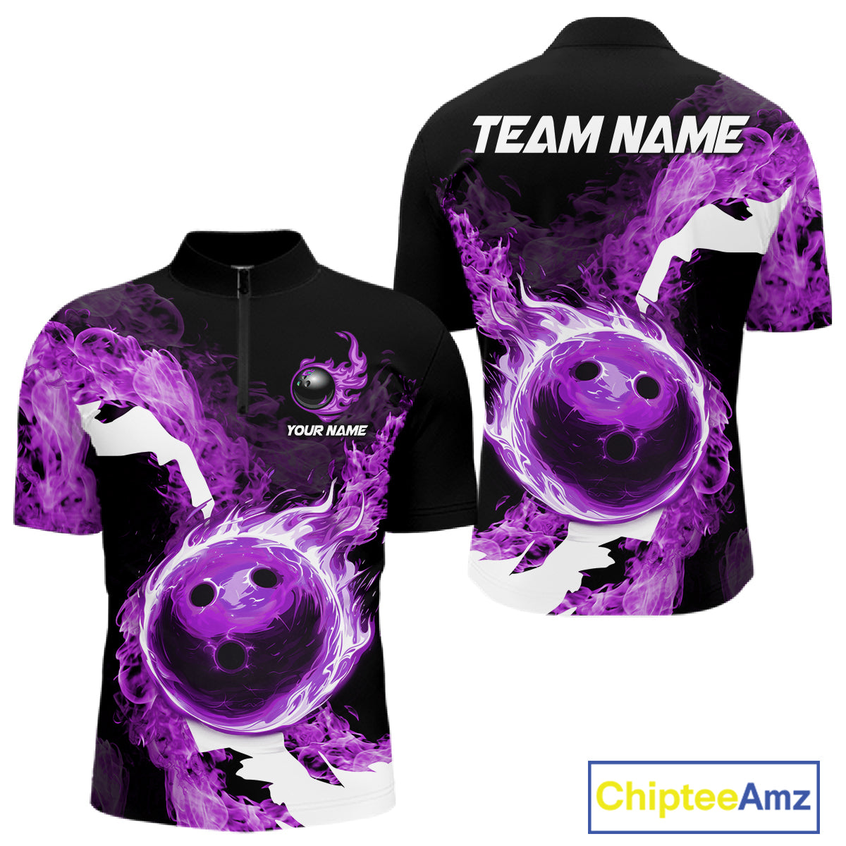 Purple Flame Fire Bowling Shirts for Men Custom Bowling Team Jersey Bowling Polo & Quarter-Zip Shirts NQS11753