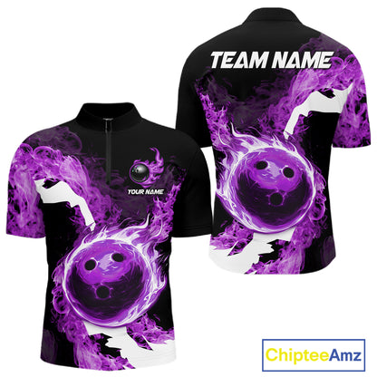 Purple Flame Fire Bowling Shirts for Men Custom Bowling Team Jersey Bowling Polo & Quarter-Zip Shirts NQS11753