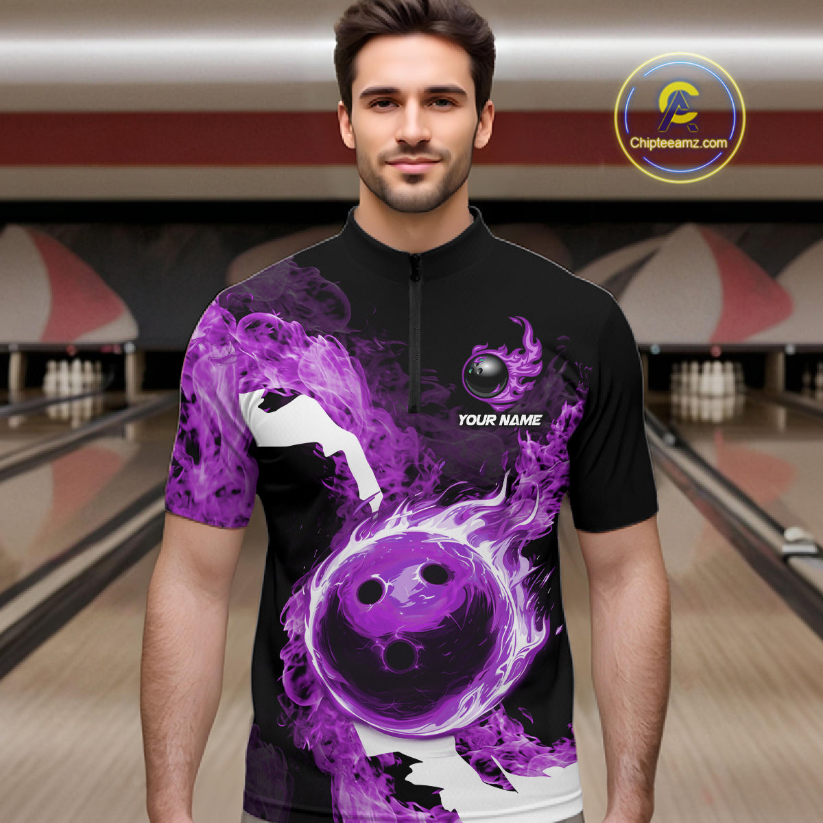 Purple Flame Fire Bowling Shirts for Men Custom Bowling Team Jersey Bowling Polo & Quarter-Zip Shirts NQS11753